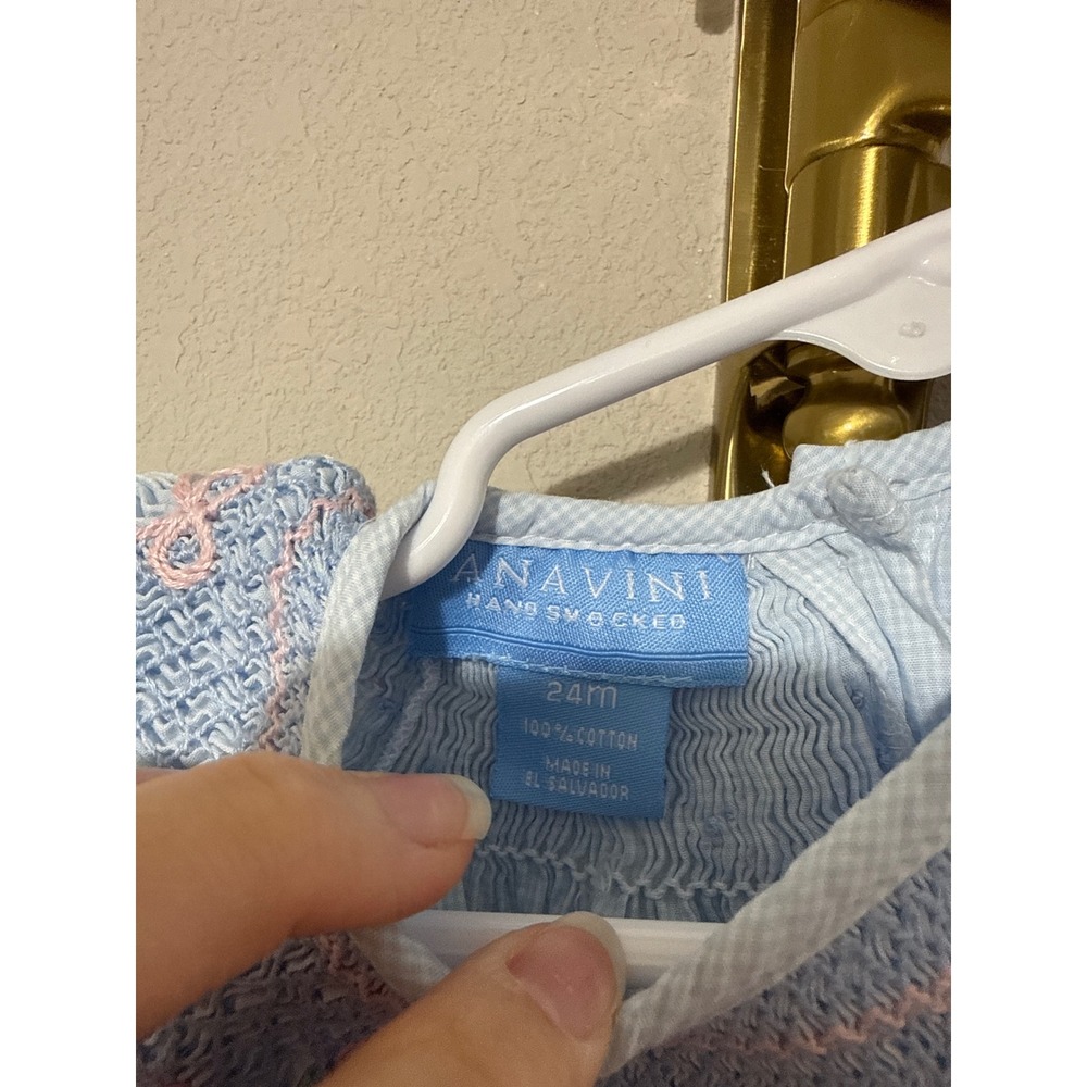 Anavini Smocked Bubble Romper Toddler 24M Blue Gingham Pink Bow Flutter Sleeve - Picture 3 of 4